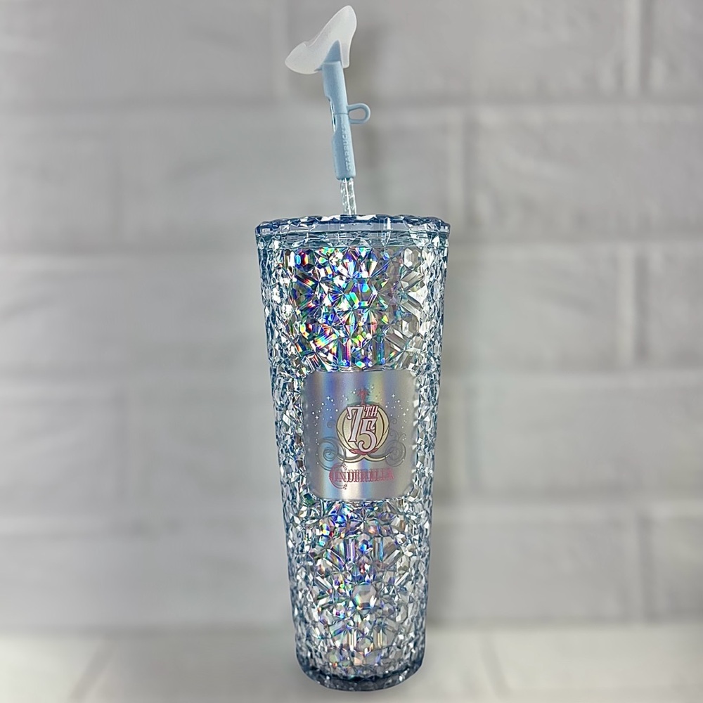 New Disney Cinderella 75th Anniversary Starbucks Travel Tumbler Slipper Straw
